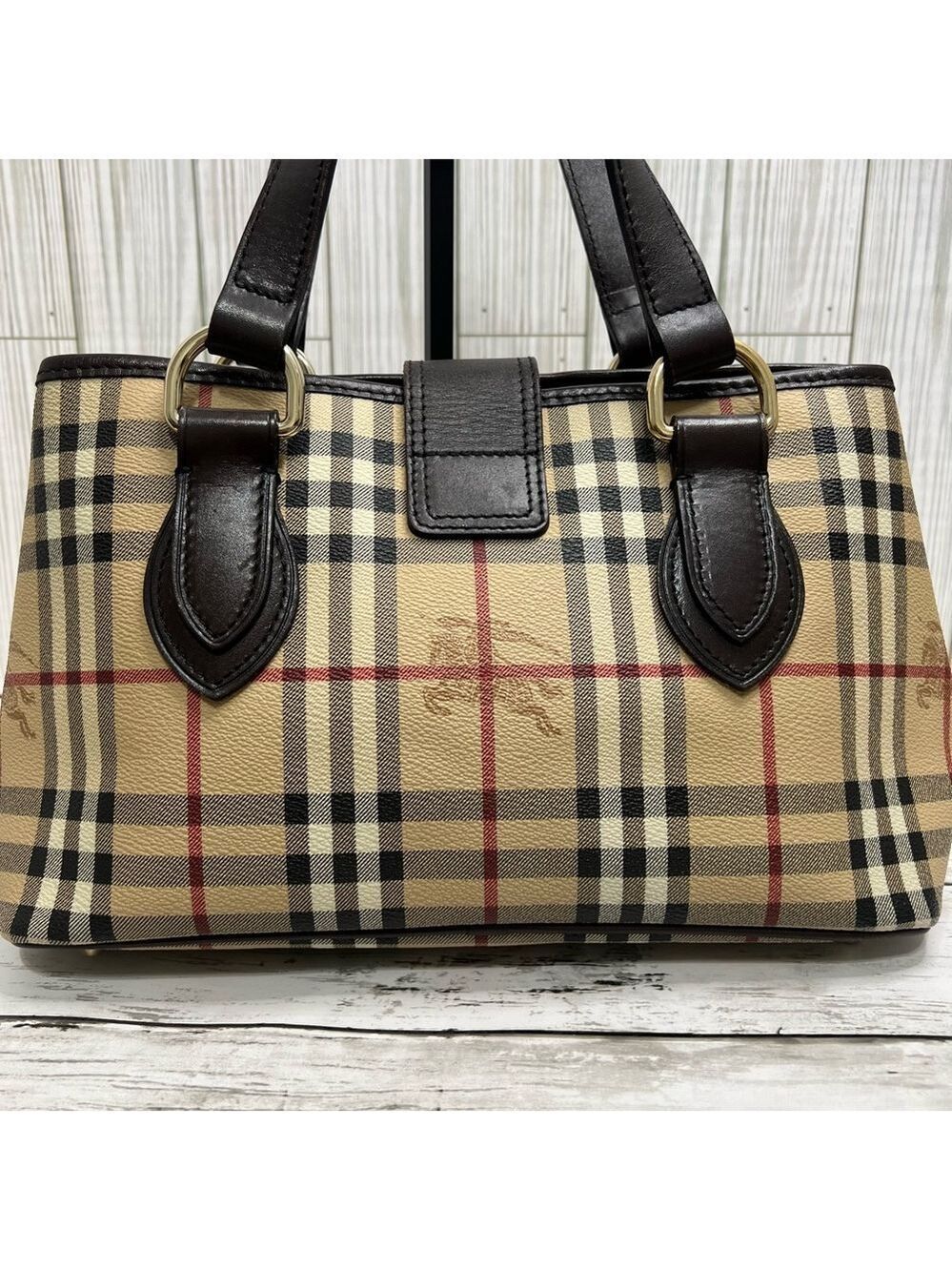 Burberry London Nova Check Tote Bag Brown Leather Plaid Shoulder Purse - Picture 8 of 15